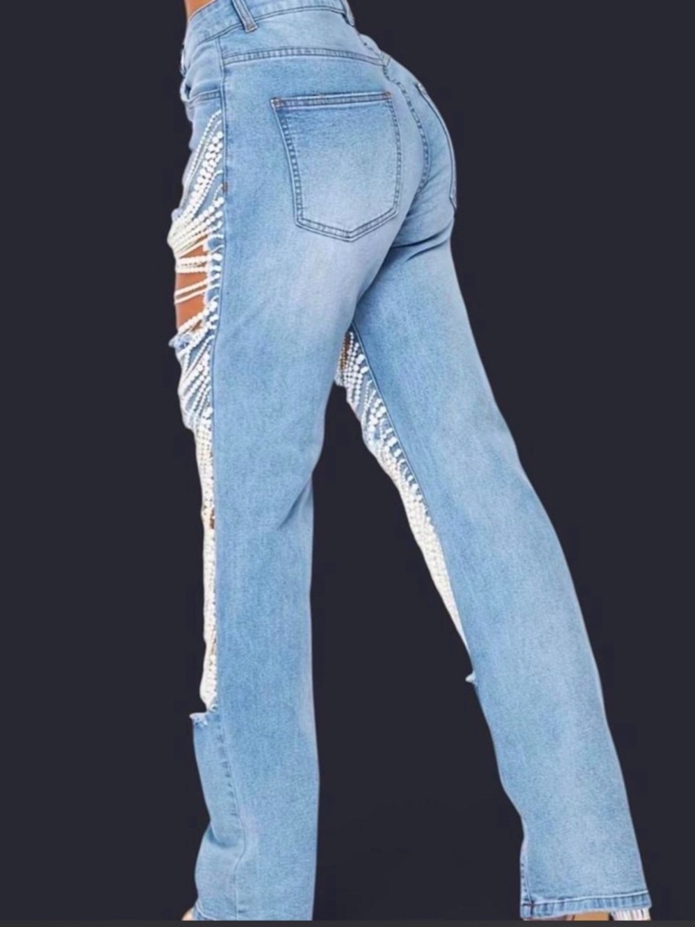 Pearl-Chain Embellished Light Blue Straight-Leg Jeans for Women - Picture 2 of 3